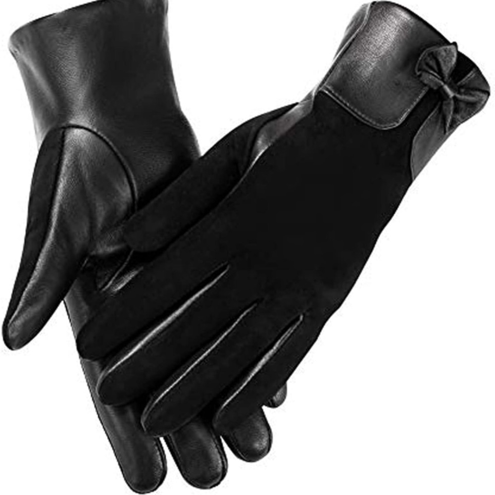 MaxW Women’s Black Sheepskin Leather & Faux Suede Bow Gloves  Size Small